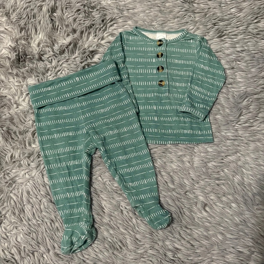 Lou & Lou Company Carson 2 piece Top & Footed Pants Set Green Dash Baby Newborn